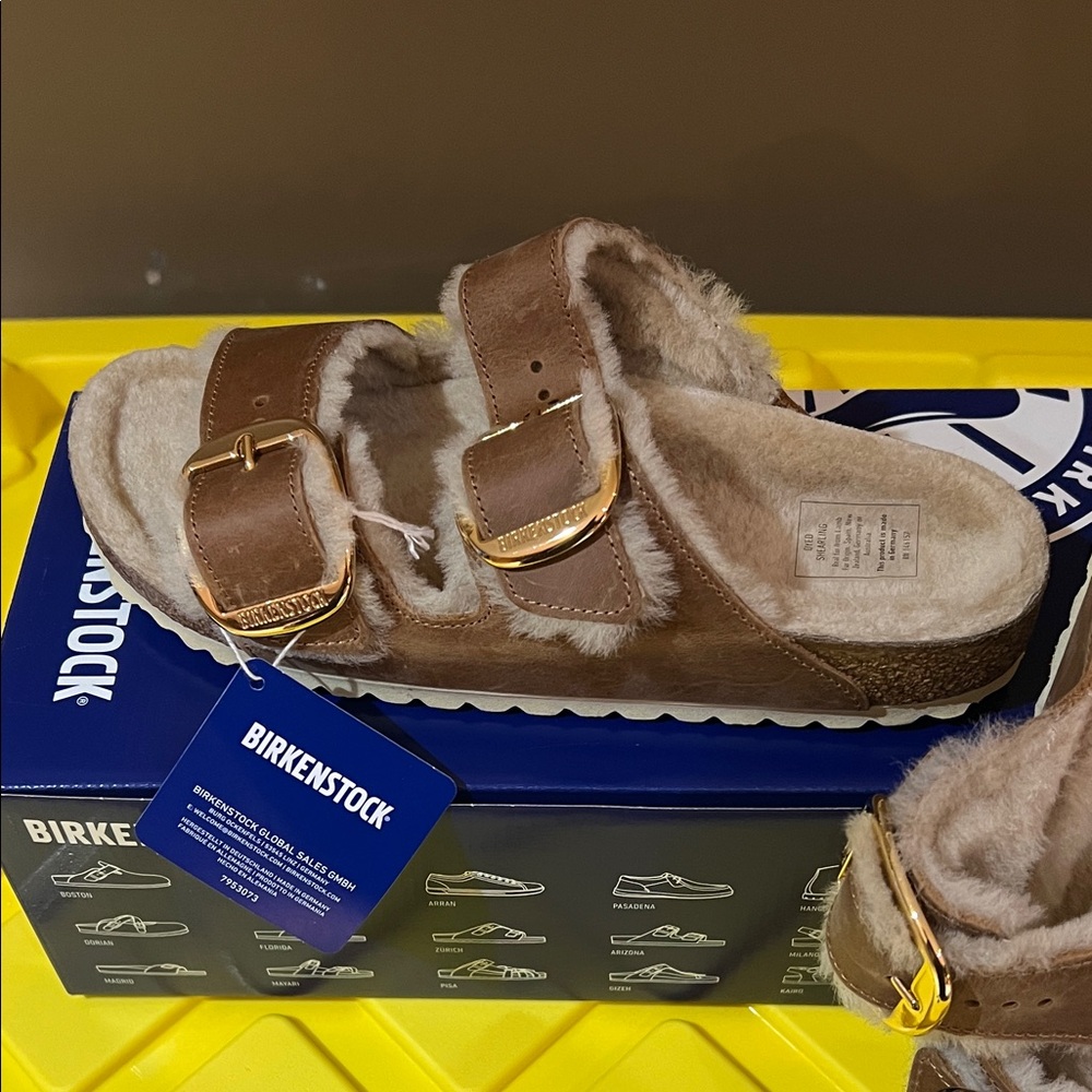 Birkenstock Arizona Big Buckle Shearling In Cognac Sz 38 NEW